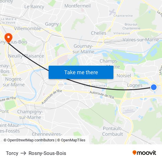 Torcy to Rosny-Sous-Bois map