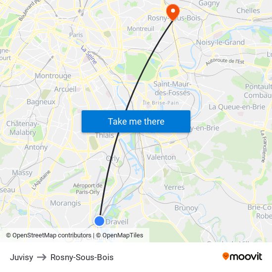 Juvisy to Rosny-Sous-Bois map