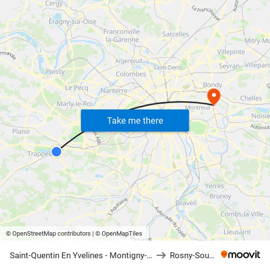 Saint-Quentin En Yvelines - Montigny-Le-Bretonneux to Rosny-Sous-Bois map