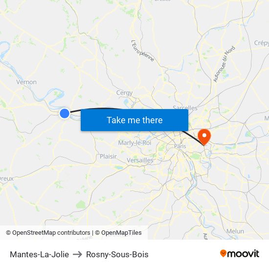 Mantes-La-Jolie to Rosny-Sous-Bois map