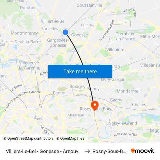 Villiers-Le-Bel - Gonesse - Arnouville to Rosny-Sous-Bois map