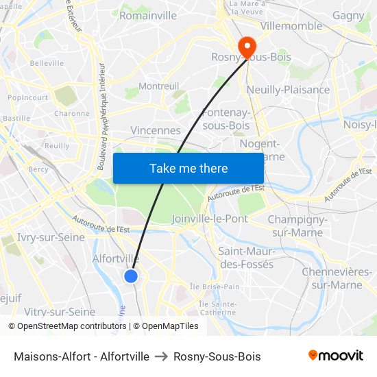 Maisons-Alfort - Alfortville to Rosny-Sous-Bois map