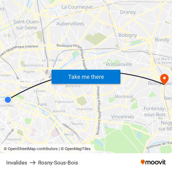 Invalides to Rosny-Sous-Bois map