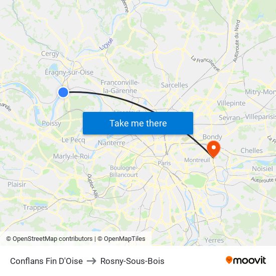 Conflans Fin D'Oise to Rosny-Sous-Bois map