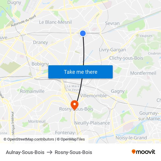 Aulnay-Sous-Bois to Rosny-Sous-Bois map