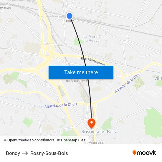 Bondy to Rosny-Sous-Bois map