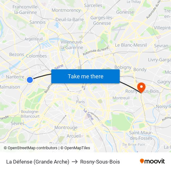 La Défense (Grande Arche) to Rosny-Sous-Bois map