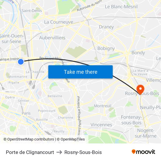 Porte de Clignancourt to Rosny-Sous-Bois map
