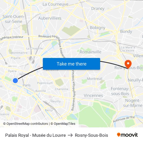 Palais Royal - Musée du Louvre to Rosny-Sous-Bois map