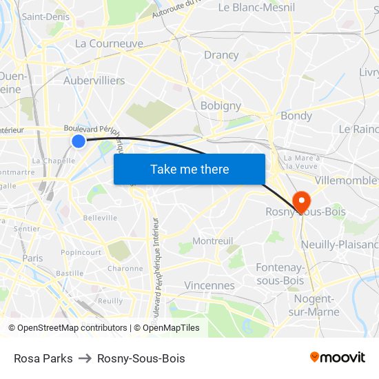 Rosa Parks to Rosny-Sous-Bois map