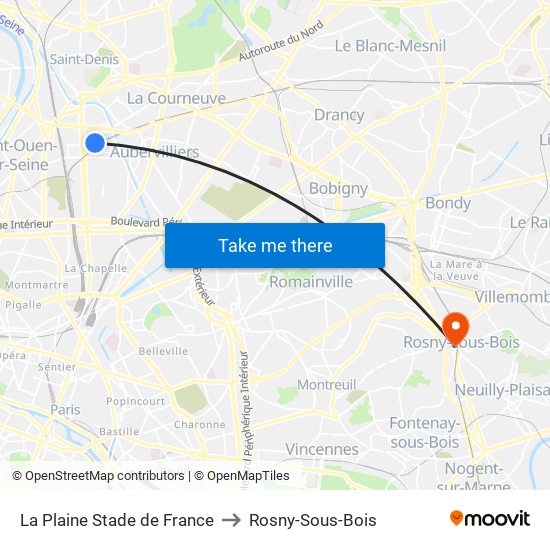 La Plaine Stade de France to Rosny-Sous-Bois map