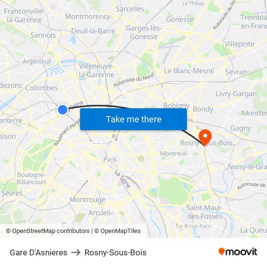 Gare D'Asnieres to Rosny-Sous-Bois map