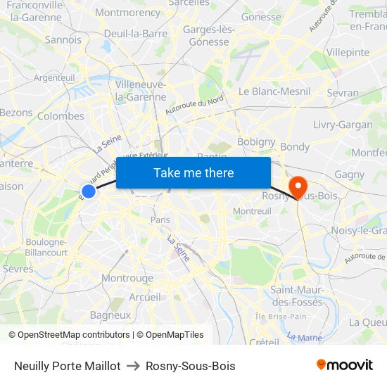 Neuilly Porte Maillot to Rosny-Sous-Bois map