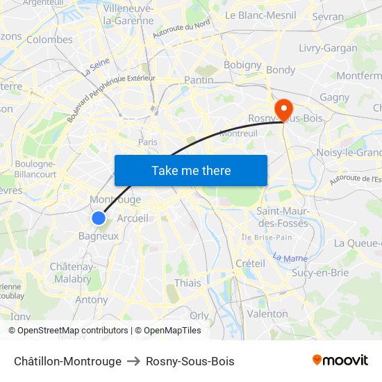 Châtillon-Montrouge to Rosny-Sous-Bois map