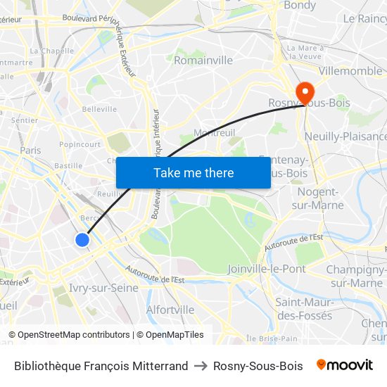 Bibliothèque François Mitterrand to Rosny-Sous-Bois map