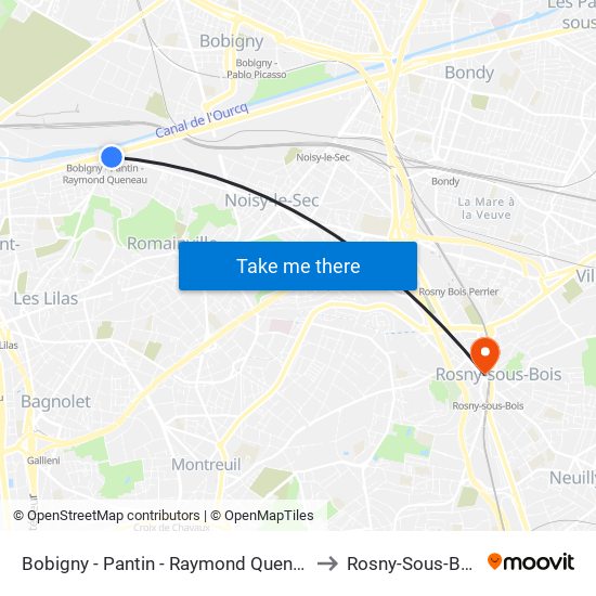 Bobigny - Pantin - Raymond Queneau to Rosny-Sous-Bois map