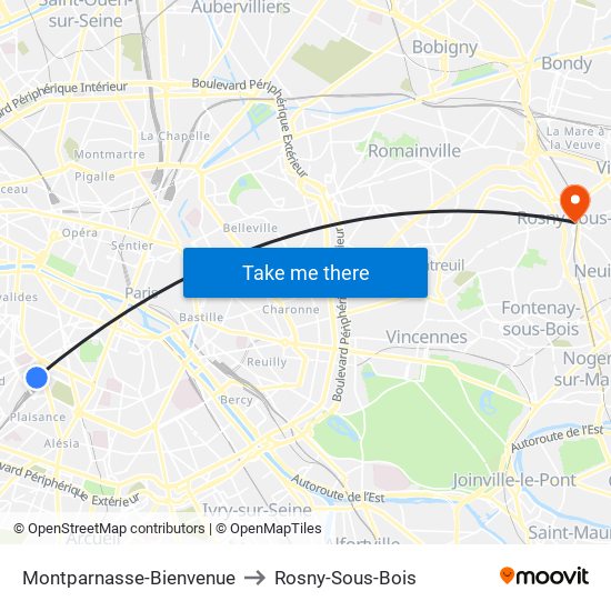Montparnasse-Bienvenue to Rosny-Sous-Bois map