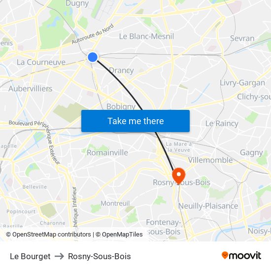 Le Bourget to Rosny-Sous-Bois map