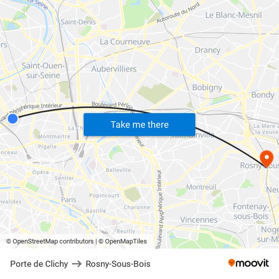 Porte de Clichy to Rosny-Sous-Bois map