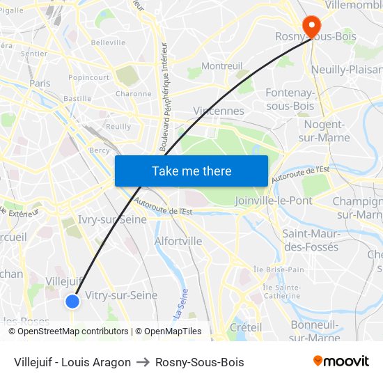 Villejuif - Louis Aragon to Rosny-Sous-Bois map