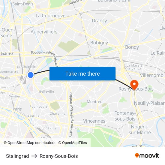 Stalingrad to Rosny-Sous-Bois map