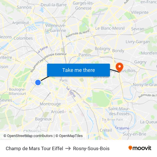 Champ de Mars Tour Eiffel to Rosny-Sous-Bois map