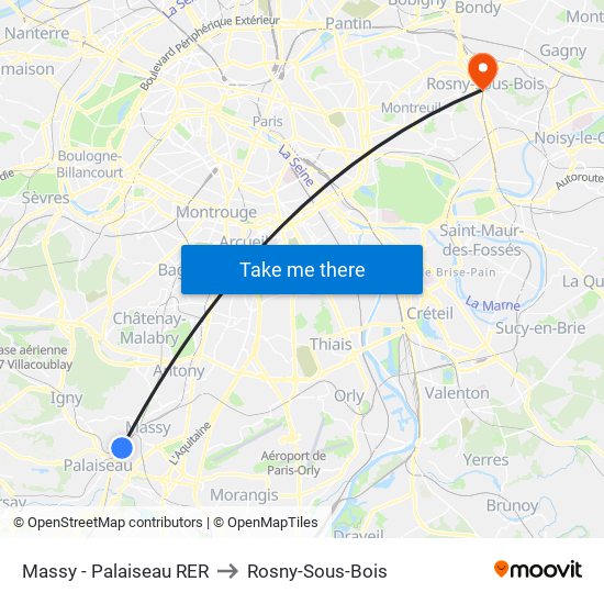 Massy - Palaiseau RER to Rosny-Sous-Bois map