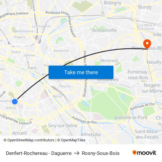 Denfert-Rochereau - Daguerre to Rosny-Sous-Bois map