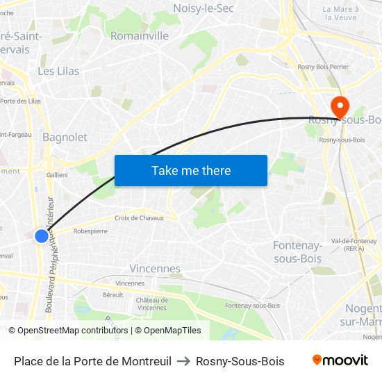 Place de la Porte de Montreuil to Rosny-Sous-Bois map