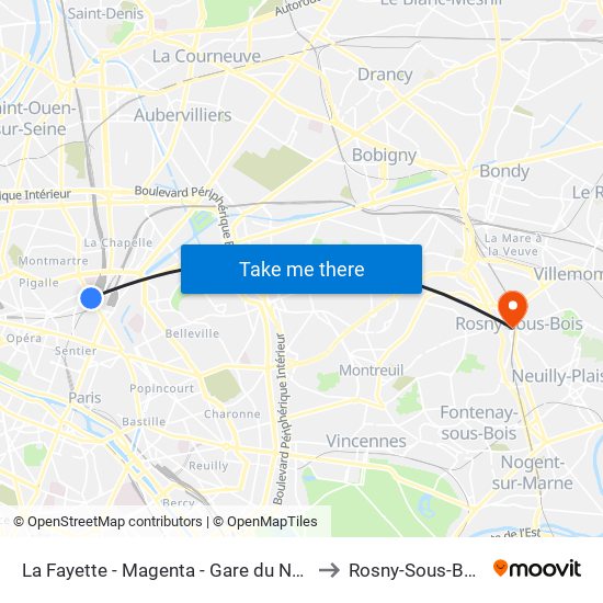 La Fayette - Magenta - Gare du Nord to Rosny-Sous-Bois map