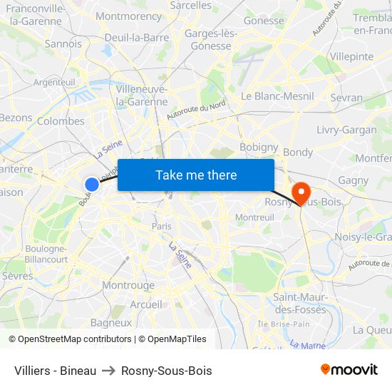 Villiers - Bineau to Rosny-Sous-Bois map