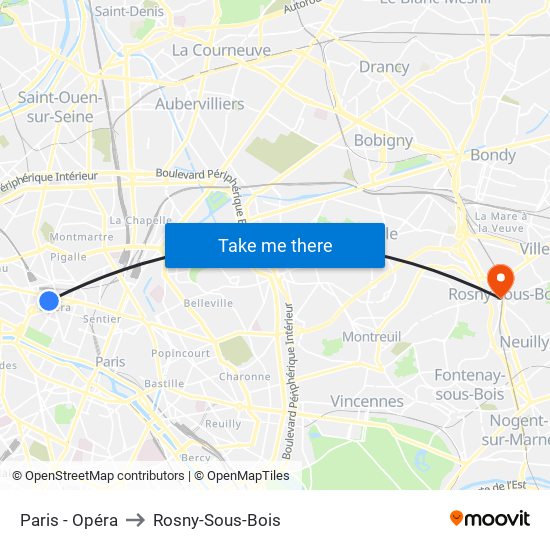 Paris - Opéra to Rosny-Sous-Bois map
