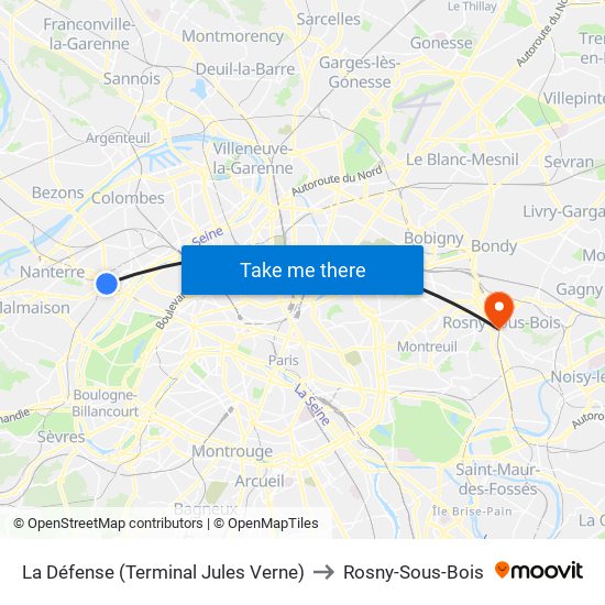 La Défense (Terminal Jules Verne) to Rosny-Sous-Bois map