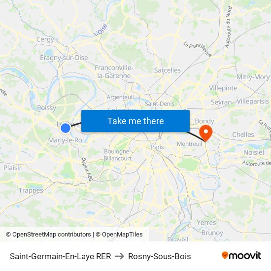 Saint-Germain-En-Laye RER to Rosny-Sous-Bois map