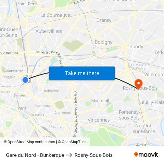 Gare du Nord - Dunkerque to Rosny-Sous-Bois map