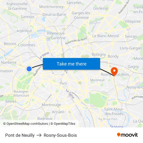 Pont de Neuilly to Rosny-Sous-Bois map