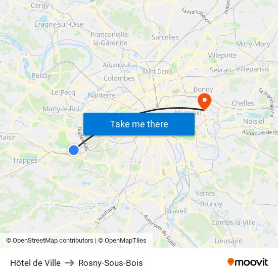 Hôtel de Ville to Rosny-Sous-Bois map