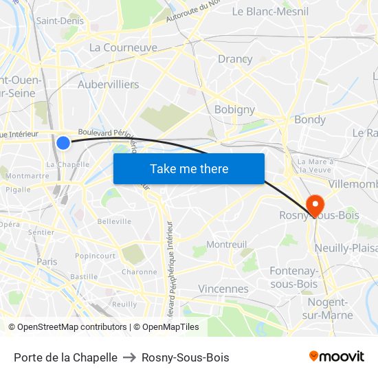 Porte de la Chapelle to Rosny-Sous-Bois map