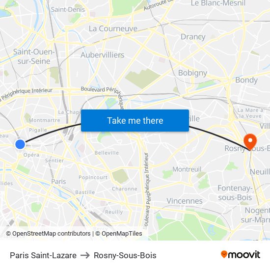 Paris Saint-Lazare to Rosny-Sous-Bois map