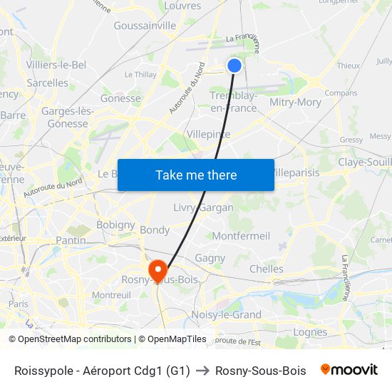 Roissypole - Aéroport Cdg1 (G1) to Rosny-Sous-Bois map