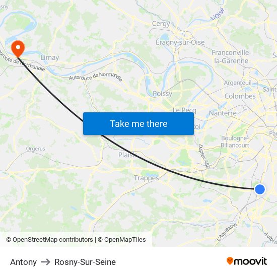 Antony to Rosny-Sur-Seine map