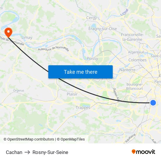 Cachan to Rosny-Sur-Seine map