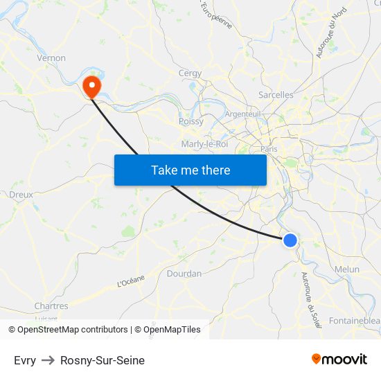 Evry to Rosny-Sur-Seine map