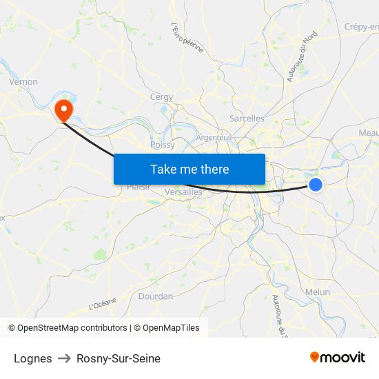 Lognes to Rosny-Sur-Seine map