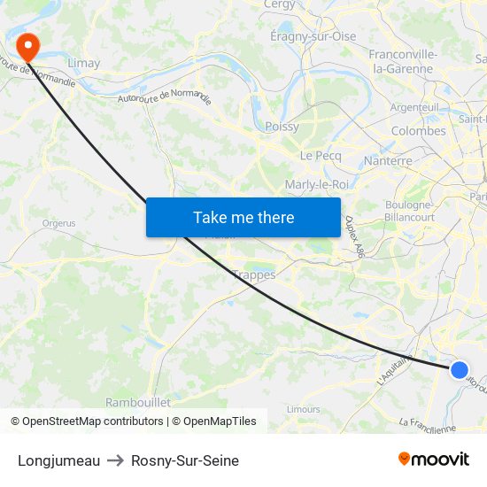 Longjumeau to Rosny-Sur-Seine map