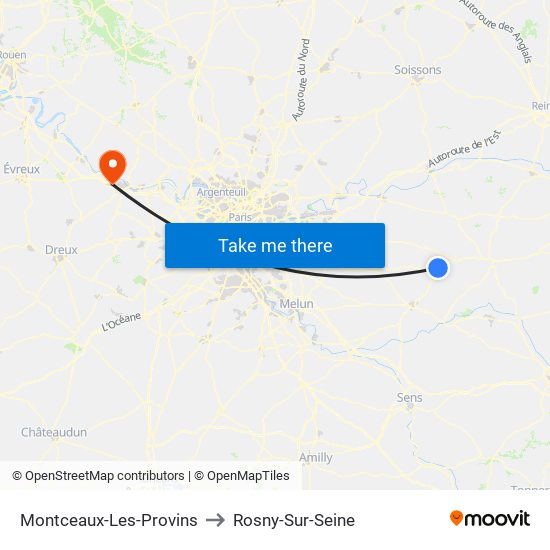 Montceaux-Les-Provins to Rosny-Sur-Seine map