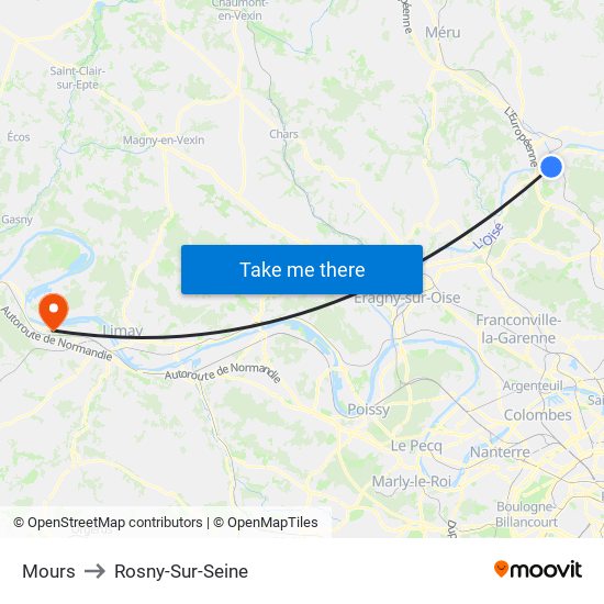 Mours to Rosny-Sur-Seine map