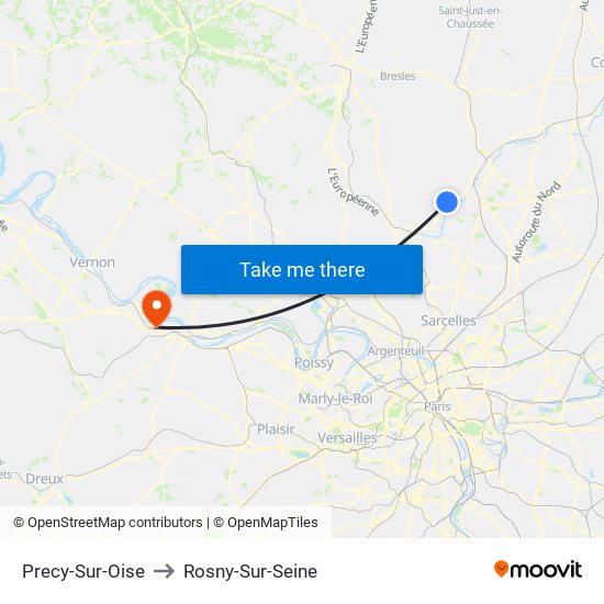 Precy-Sur-Oise to Rosny-Sur-Seine map