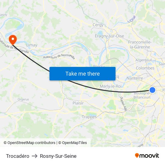 Trocadéro to Rosny-Sur-Seine map