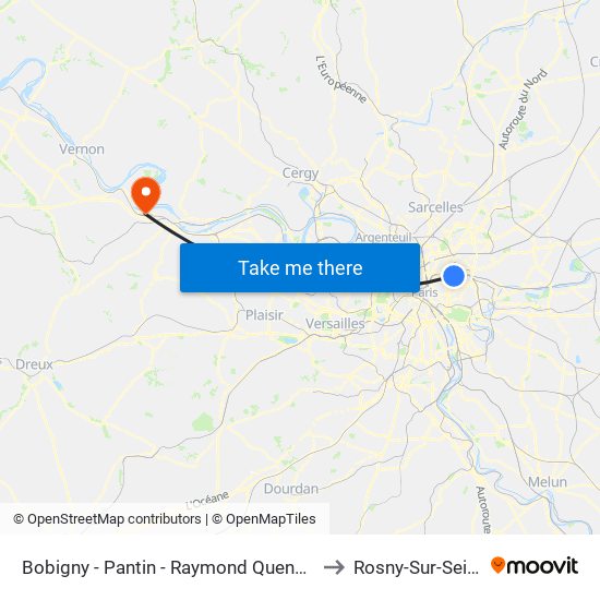 Bobigny - Pantin - Raymond Queneau to Rosny-Sur-Seine map